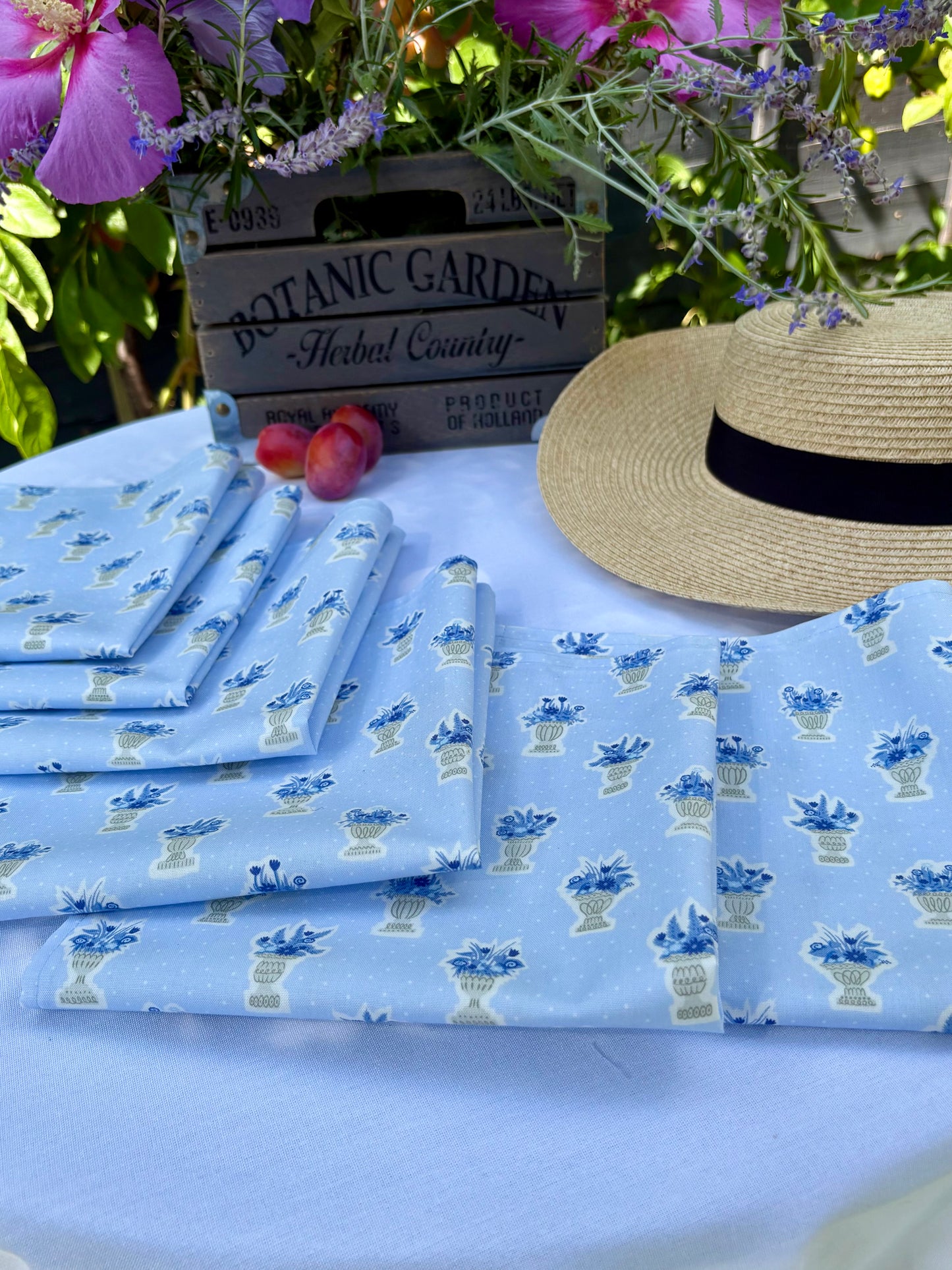 Set of 6 blue floral cotton napkins made with premium Liberty fabric, featuring elegant garden party design—perfect for summer tables and alfresco dining.