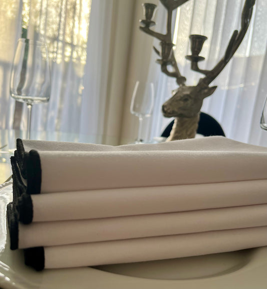 Large Soft white dinner napkins with black stitched accents, set of four reusable cloth napkins