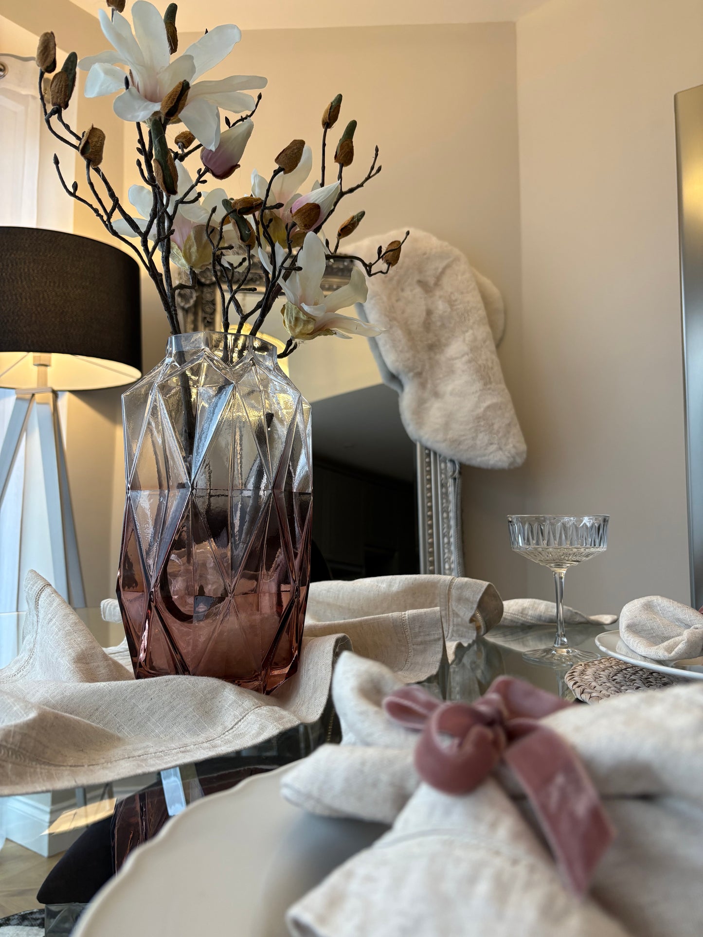 Elegant Rose Ombré large glass vase featuring a diamond shaped design and textured surface, perfect for home decor and showcasing dried flowers on a beautiful set table.