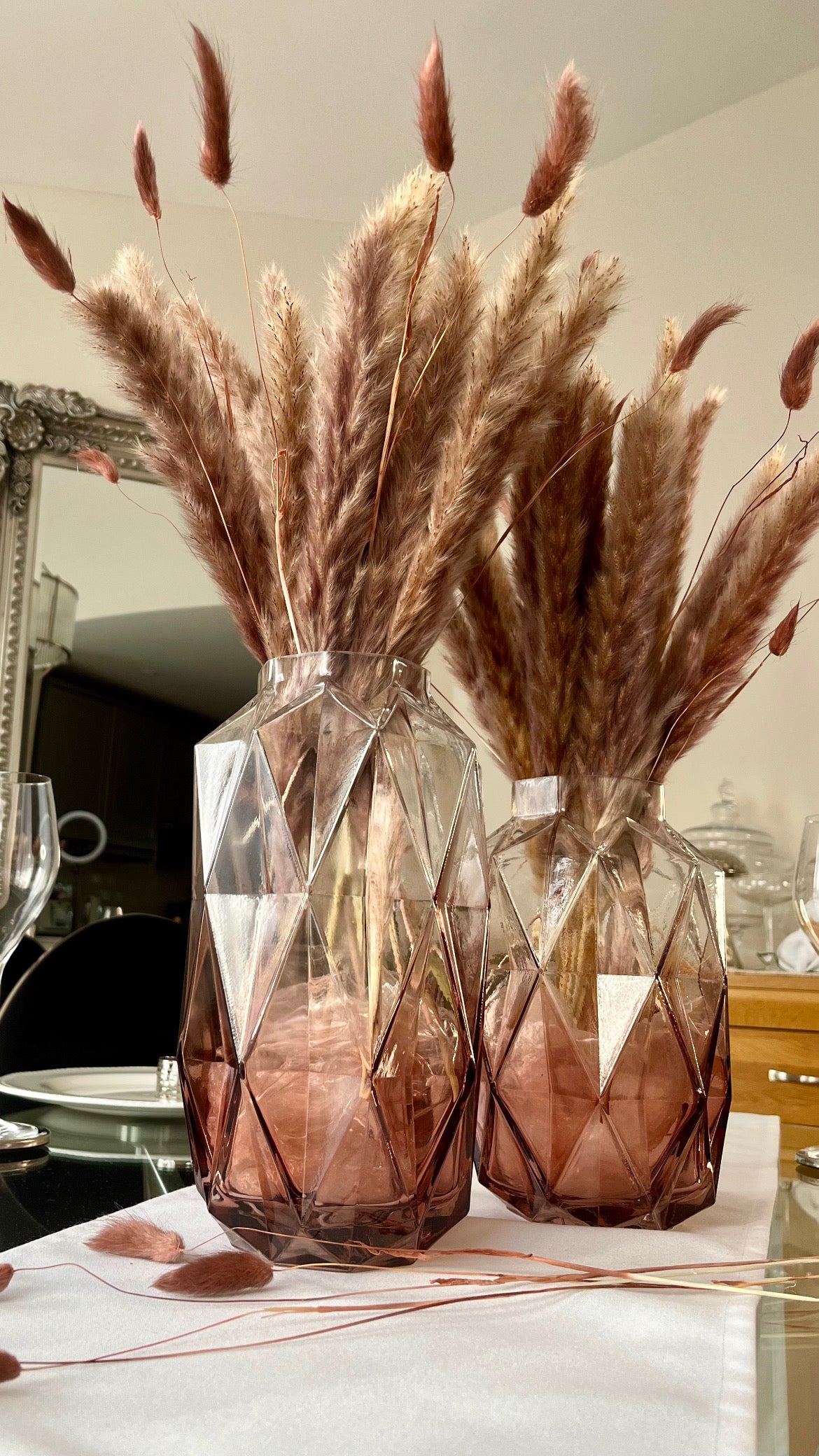 Rose Ombré large glass vase with diamond shaped design and raised points, perfect for elegant home decor and displaying dried flowers.