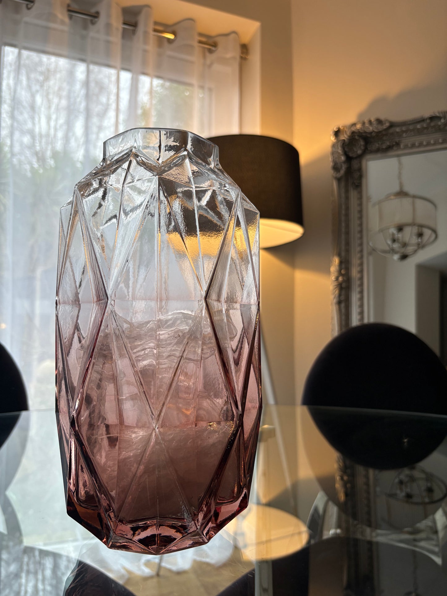 Large Rose Ombré glass vase with a diamond shape design and raised points, ideal for adding elegance to home decor.