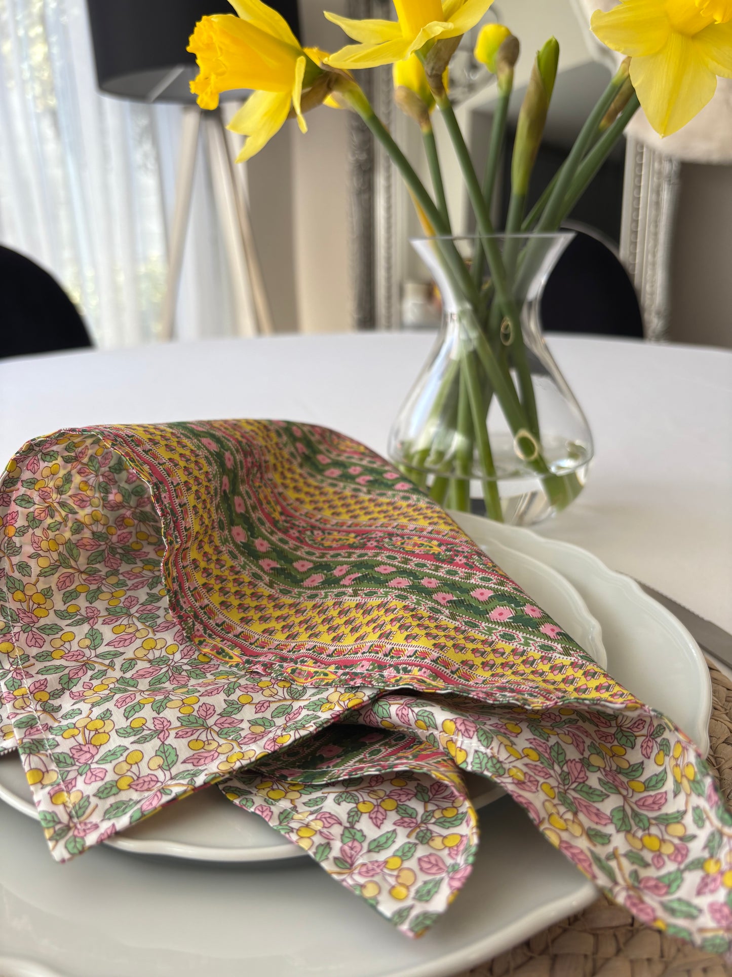 Reversible Napkins made with Liberty Fabric Prospect Stripe & Colleen’s Orchard, set of 2.