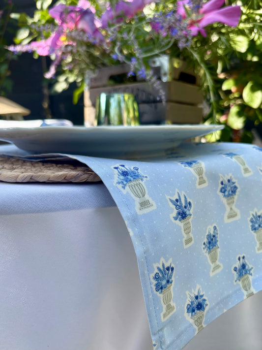Set of 6 blue floral cotton napkins made with premium Liberty fabric, featuring elegant garden party design—perfect for summer tables and alfresco dining.