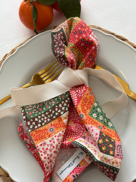 Tudor Patchwork Scarves Coral Napkin Set of 4 made with Liberty Cotton Fabric