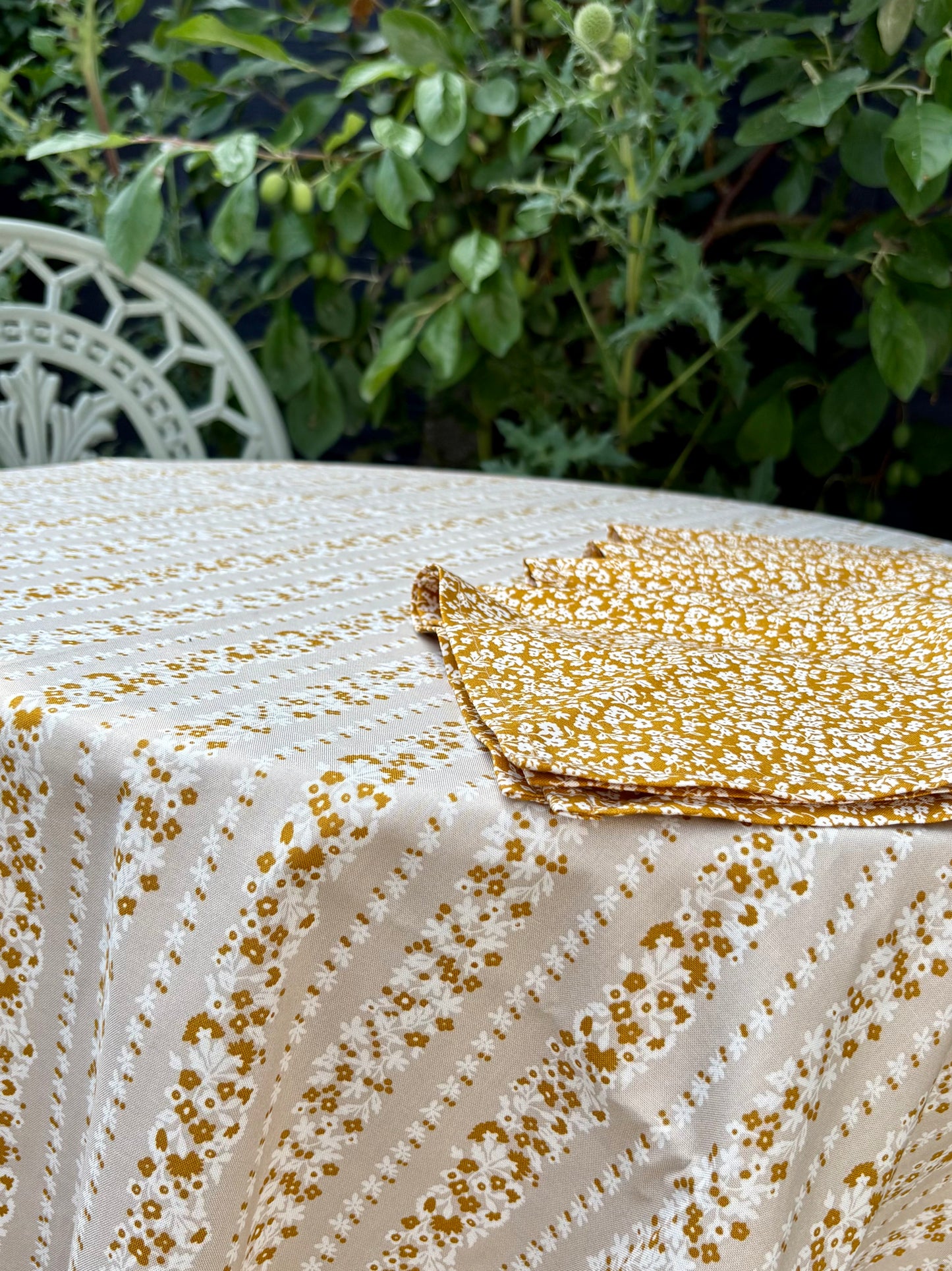 Tablecloth and Napkins Set made with Liberty Fabric Topiary Stripe & Dainty Meadow