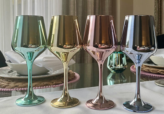 Set Of 4 Glass Wine Glasses – Vibrant Colored Drinking Glasses in Green, Blue, Amber & Pink