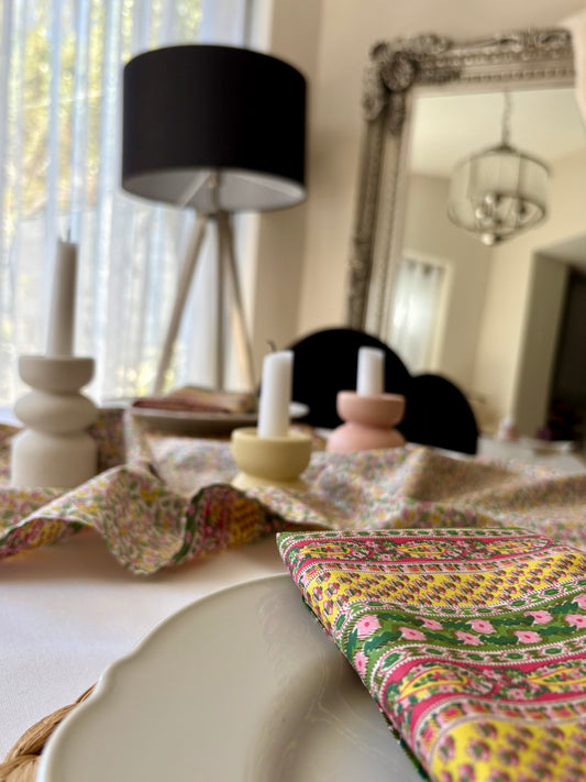 Reversible tablecloth runner made with Liberty Fabric Prospect Stripe & Colleen’s Orchard.