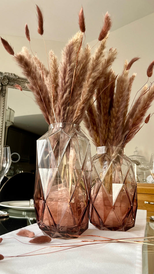Rose Ombré large glass vase with diamond shaped design and raised points, perfect for elegant home decor and displaying dried flowers.